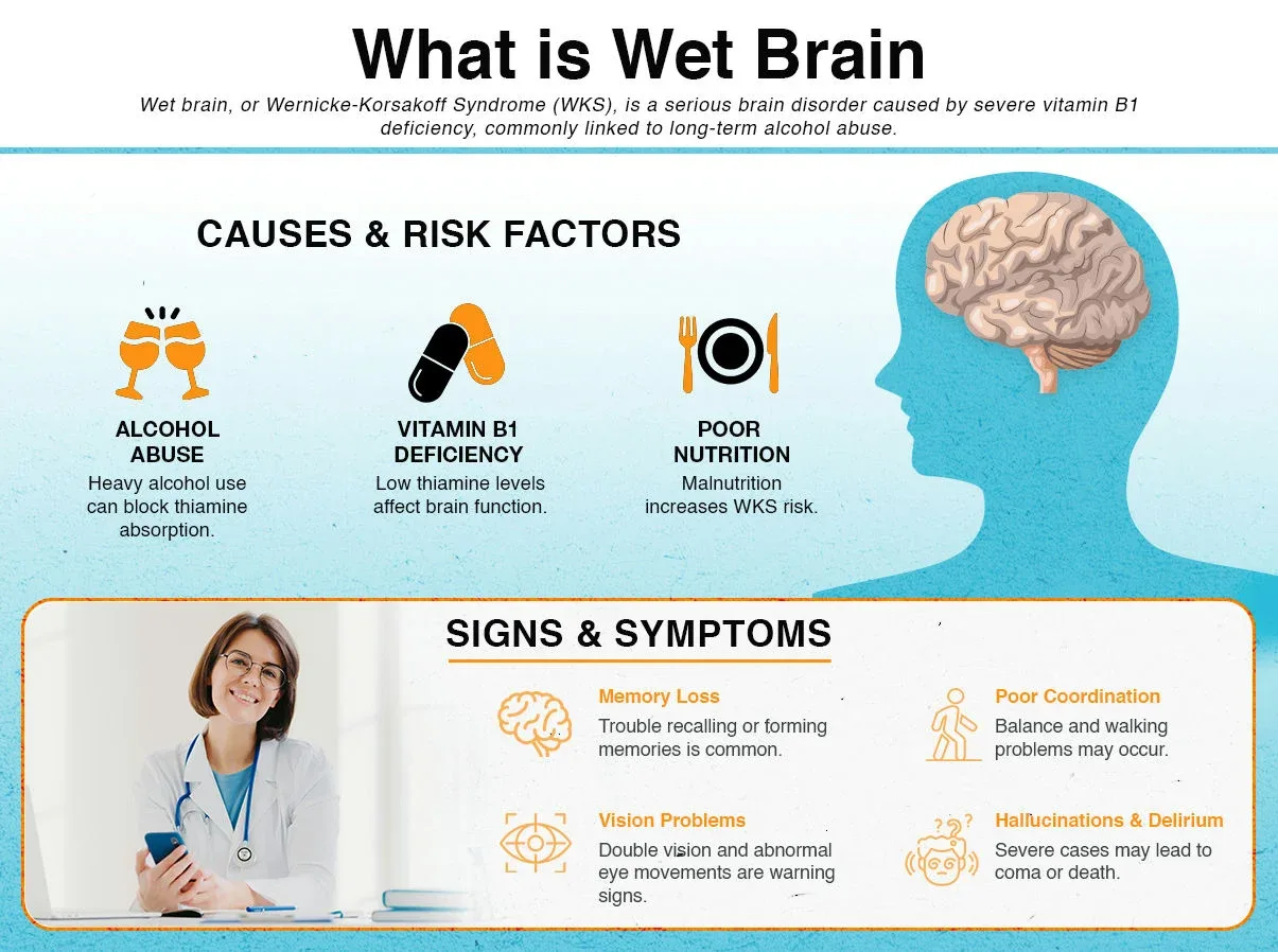 Infographic on wet brain signs, symptoms, causes, risks