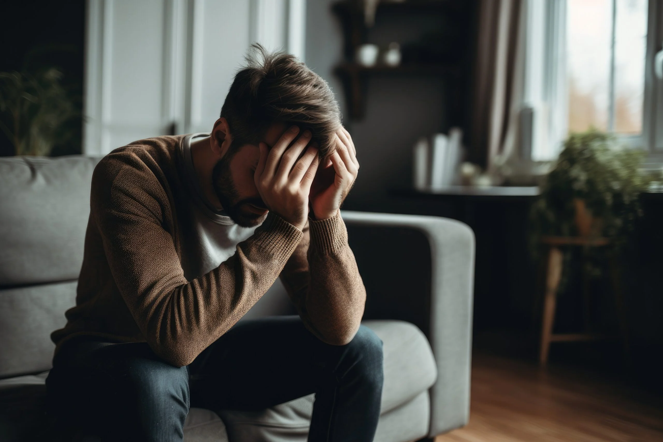 a man with face in hands sitting- in distress