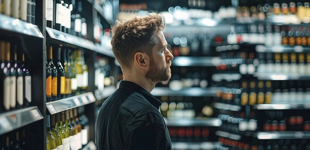 a man staring at alcohol bottles