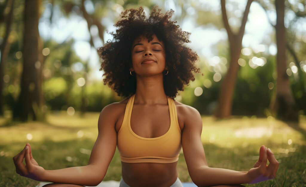 a woman meditating outside