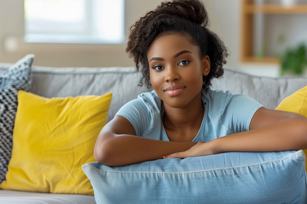A young woman smiling and relaxed at home, appreciating the benefits of being sober.