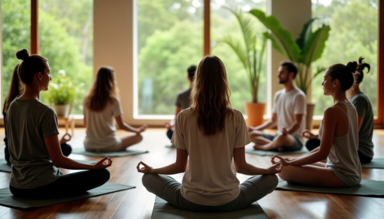 Group meditation session in a bright yoga studio with natural light and plants, highlighting community during National Yoga Awareness Month.