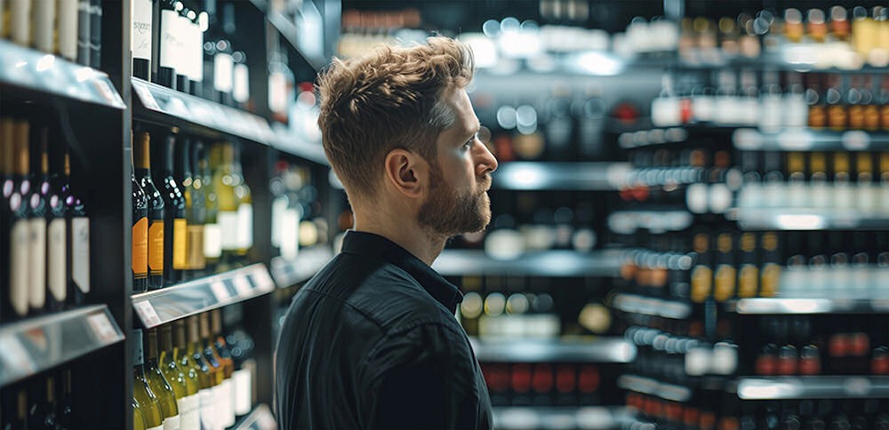 a man staring at alcohol